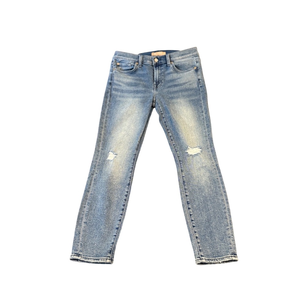 7 For All Mankind Mid Rise Skinny Jeans Women's 29 Light Wash Distressed Stretch